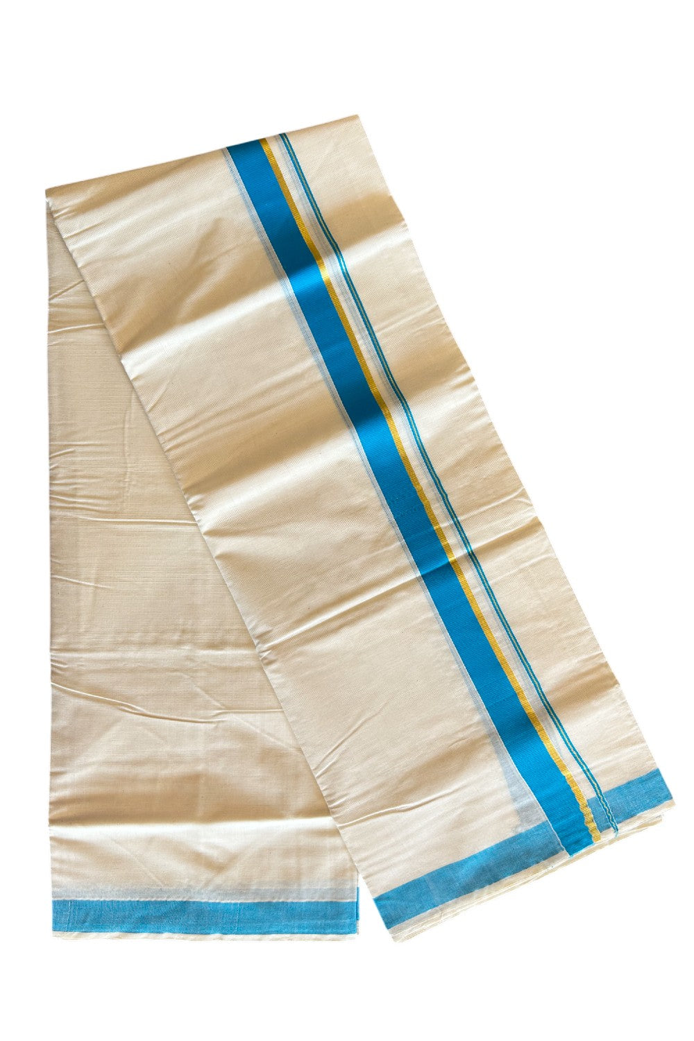 10% Discount! KaithariKada Balaramapuram 100% Cotton Off White - (Unbleached) Double Mundu/Dhoti-80x72 SKY BLUE & KASAVU - 10KK57VIN