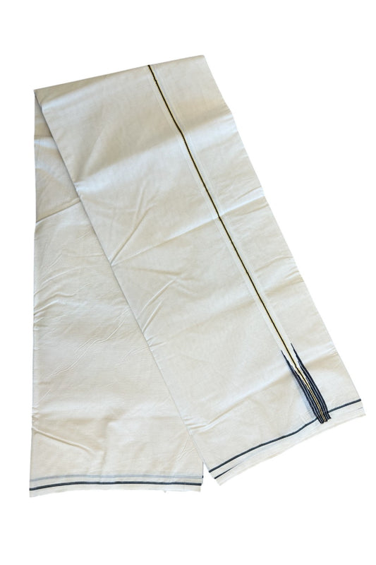 15% DISCOUNT!! KaithariKada Balaramapuram 100% Cotton off white Double - (Unbleached) Mundu/Dhoti-100x100 Gold Kasavu & Black Chutty stripes - 1KK115KAI