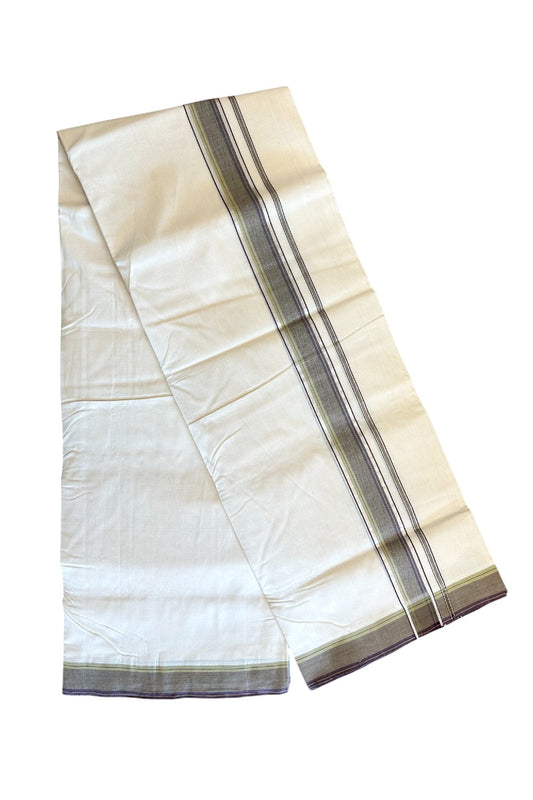 21% DISCOUNT!! KaithariKada HANDLOOM Unakkupaav Balaramapuram - 100% PURE Cotton OFF White (Unbleached) Double Mundu/Dothi - 2.25 inch Violet Green & Silver striped pattern kara - 50KK403RAM