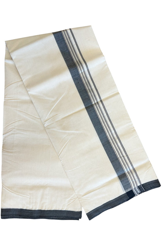 19% Discount !! KaithariKada HANDLOOM millpaav Balaramapuram - 100% PURE Cotton OFF White Double - (Unbleached)  Mundu/Dothi - 2.25  inch Silver kasavu stripes & Black shaded kara 4.5 Meters (10 Muzham) - 10KK5081RAM