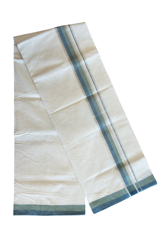 19% Discount !! KaithariKada HANDLOOM UNAKKUPAAV Balaramapuram - 100% PURE Cotton off white - (Unbleached) Double Mundu/Dhoti - 2 inch Silver kasavu Light Green & Peacock Blue Shaded kara - 10KK5082RAM