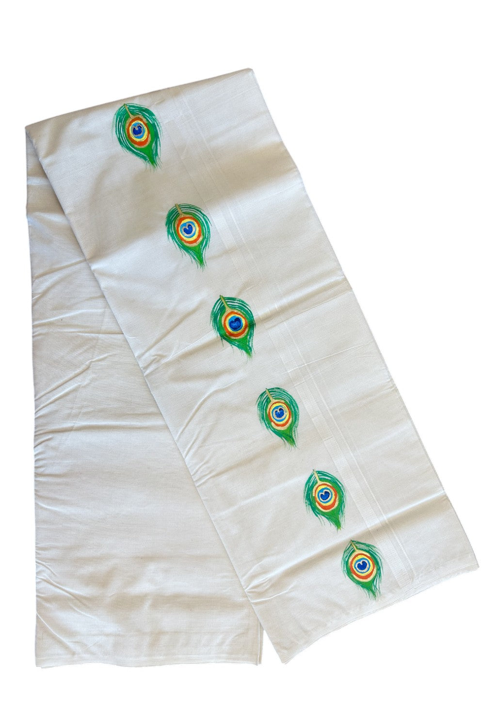 KaithariKada Balaramapuram 100% Cotton Double Off white - (Unbleached) Mundu/Dhoti-100x80 0.75 inch Hand Painted Peacock Feather Design Kara - 10KK5083ASH