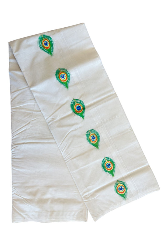 KaithariKada Balaramapuram 100% Cotton Double Off white - (Unbleached) Mundu/Dhoti-100x80 0.75 inch Hand Painted Peacock Feather Design Kara - 10KK5083ASH