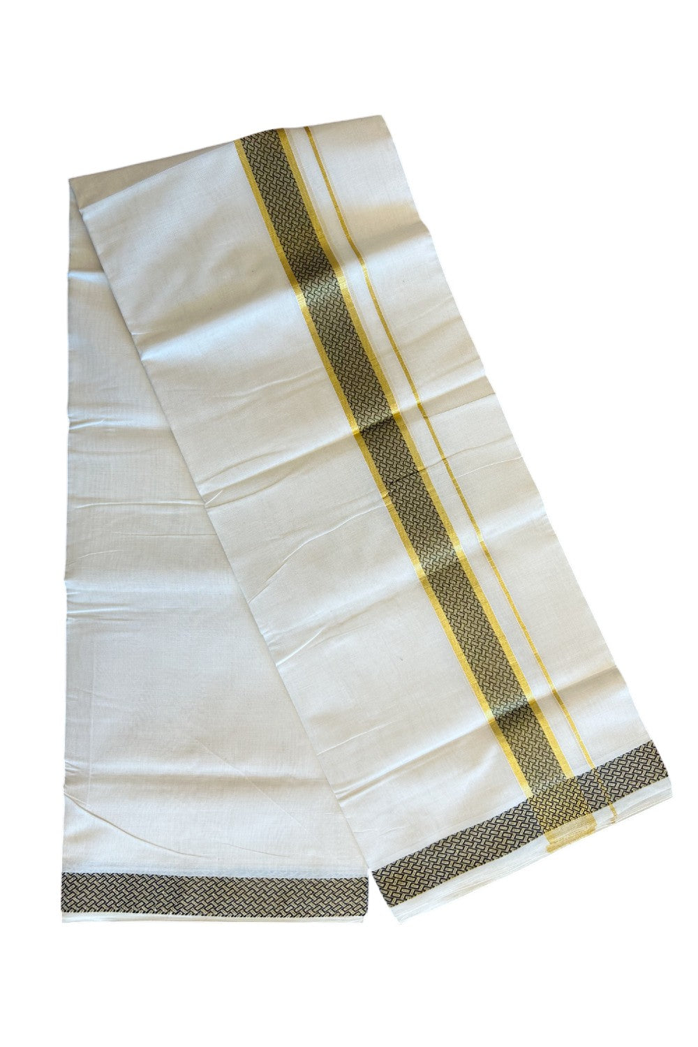 30% Discount!!! KaithariKada HANDLOOM UNAKKUPAAV Balaramapuram - 100% PURE Cotton off white (Unbleached) 100x100 - Double Mundu/Dhoti - 2.75 inch Kasavu & brown pattern kara - 9KK5096YAR