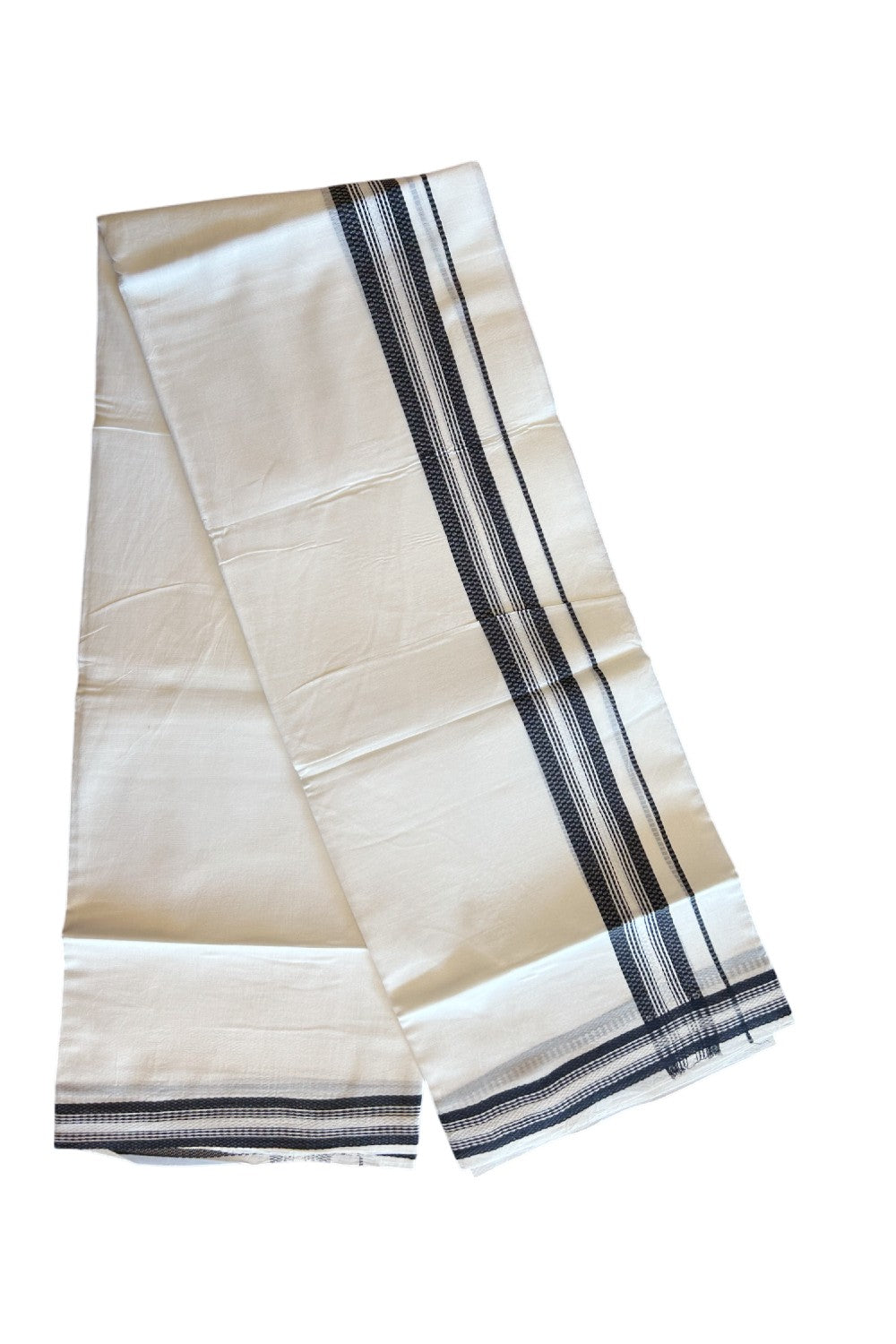 20% DISCOUNT! KaithariKada Balaramapuram 100% Cotton PURE WHITE Double Mundu/Dhoti - 100x80 - 1.75 inch Black Centre Stripes design kara - 10KK5109THI