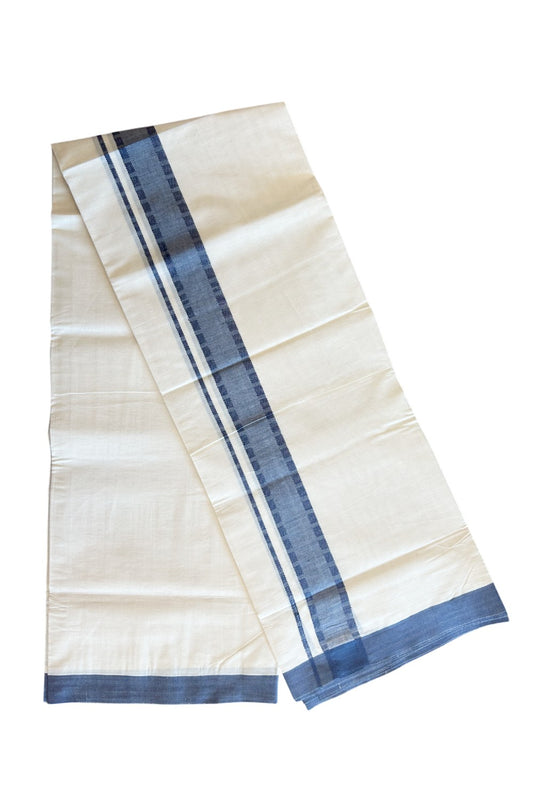 19% DISCOUNT! KaithariKada Balaramapuram 100% Cotton  Off white (Unbleached) Double Mundu/Dhoti-100x100 1.75inch Blue Design kara - 10KK5110THI