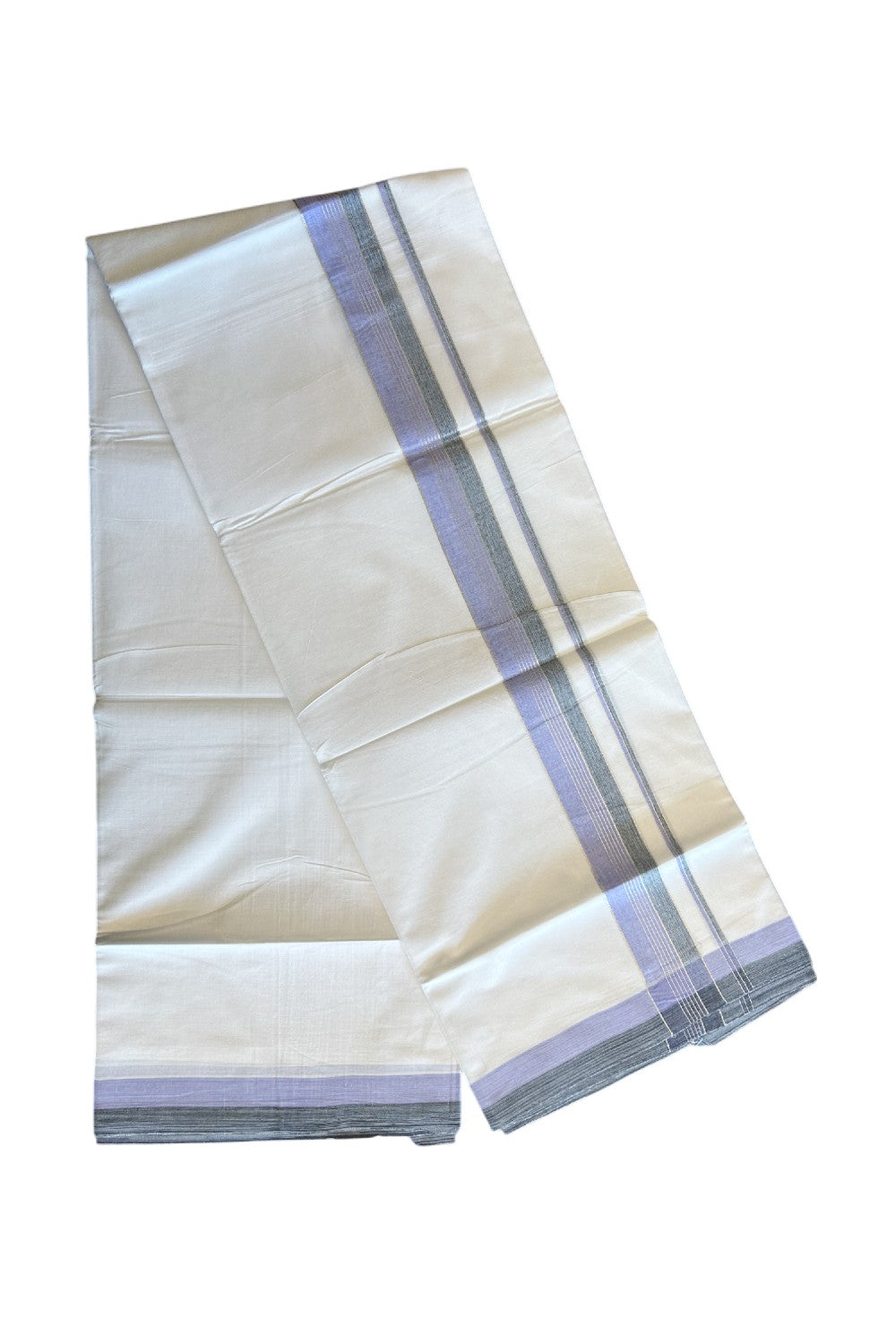 20% Discount !! KaithariKada Balaramapuram Double PURE WHITE Mundu/Dhoti- 100x80 - 2.25 inch Violet & Black Shaded with Silver Striped kara - 3.90 mtr - 10KK5112PMC