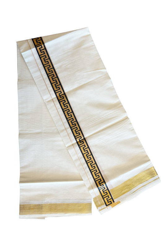 20% DISCOUNT ! KaithariKada Balaramapuram Mixed Cotton OFF White (Unbleached) Double Mundu/Dhoti - 80x80 Thread Mixed Cotton - 2 inch Gold kasavu & Black designer kara - 10KK5113PMC