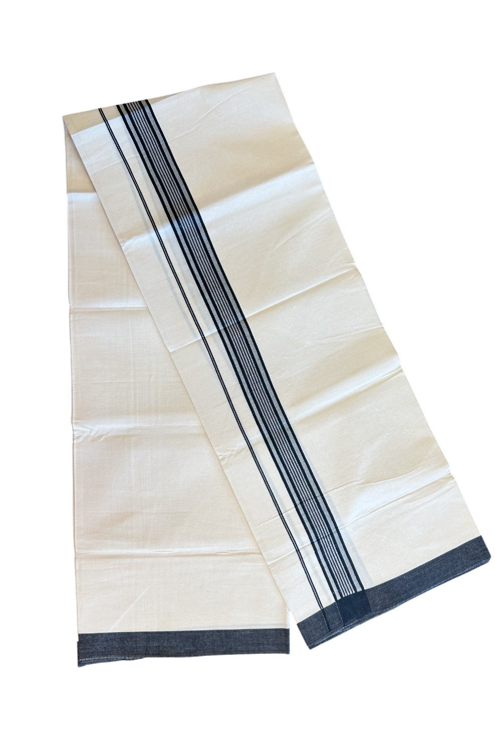 8% Discount ! Kaitharikada Balaramapuram 100% Cotton OFF WHITE SINGLE Mundu/Dothi (40s) - 2 inch Black & White shaded Stripes Kara (2 meter / 4 muzham) - 10KK5114THI