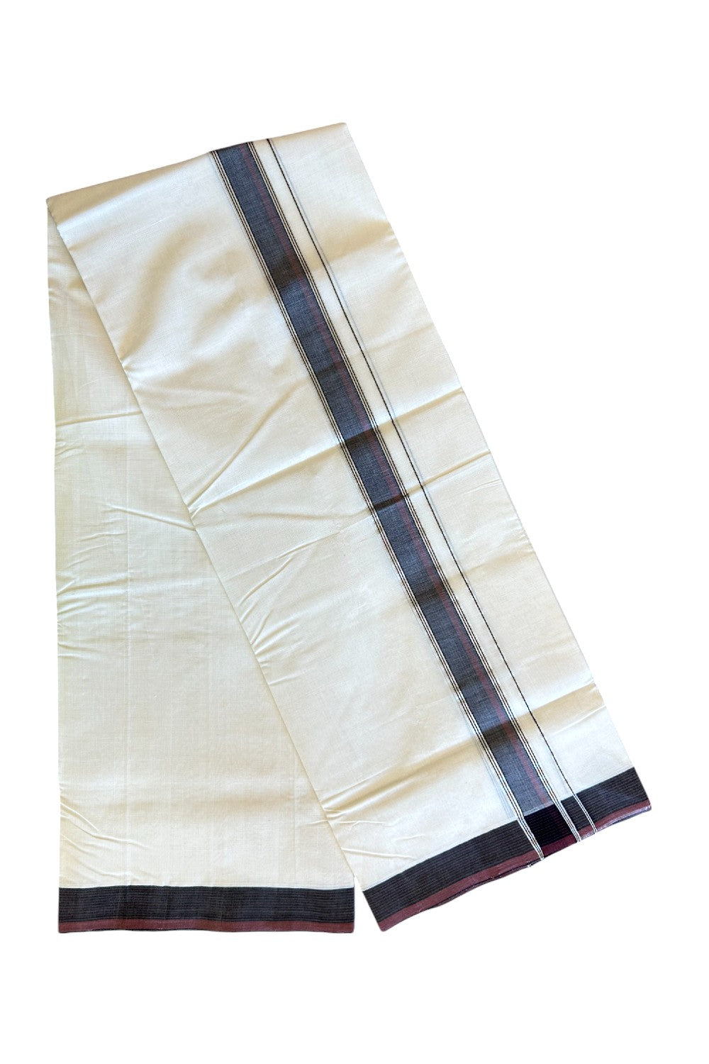 30% DISCOUNT! KaithariKada BALARAMAPURAM HANDLOOM UNAKKUPAAV - 100% PURE Cotton Off white (Unbleached) Double Mundu/Dhoti - 1.5 inch Maroon & Black Silver Kasav Kara - 10KK5123RAM