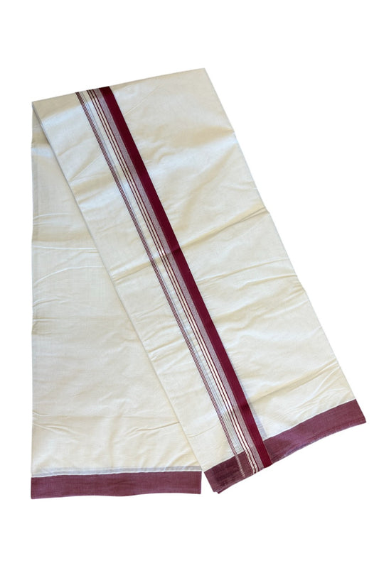 19% DISCOUNT ! KaithariKada 100% Cotton OFF WHITE (Unbleached) Double Dhoti/Mundu-100x100 - 2 inch Maroon & Silver Striped Kara 4.50 Meters - 10KK5133ASH