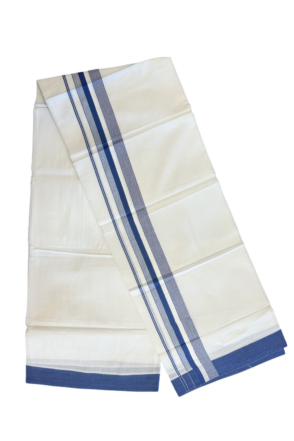 20% DISCOUNT! KaithariKada Balaramapuram 100% Cotton Double PURE white Mundu/Dhoti - 100x80 - 2 Inch Blue Striped Kara - 10KK5135GAN