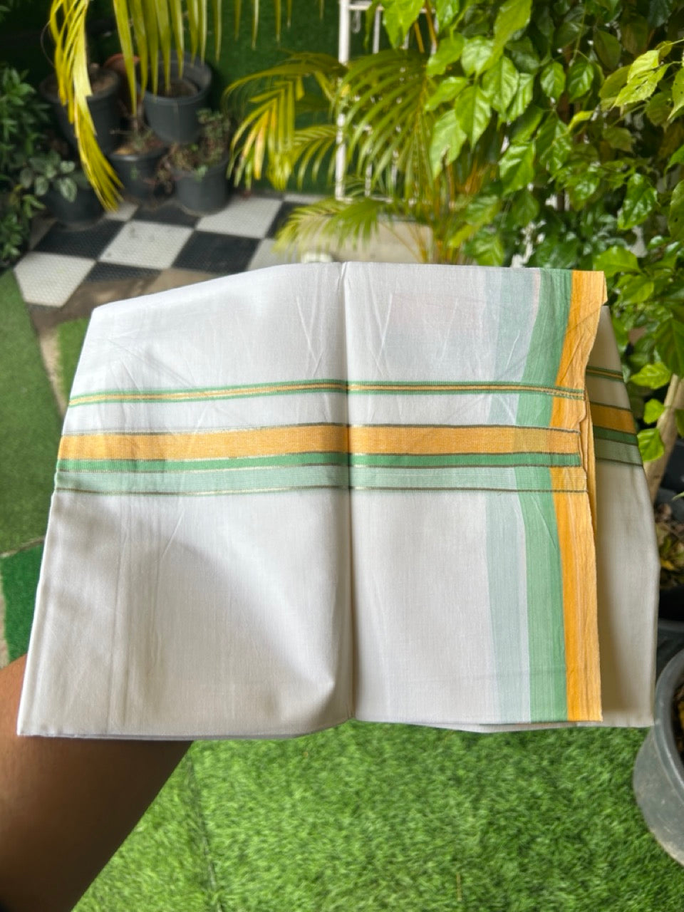 19% Discount !! KaithariKada Balaramapuram Double PURE WHITE Mundu/Dhoti- 100x80 - 1.25 inch Yellow Green Kara Silver Striped kara - 10KK5143PMC