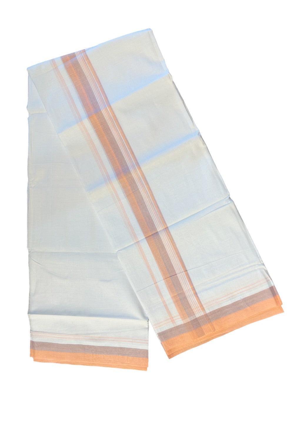 21% DISCOUNT!! Kaitharikada Balaramapuram 100% Cotton Ultra WHITE Double Mundu/Dothi-100x80 Peach & WHITE STRIPED Cotton Kara -10KK63VAS