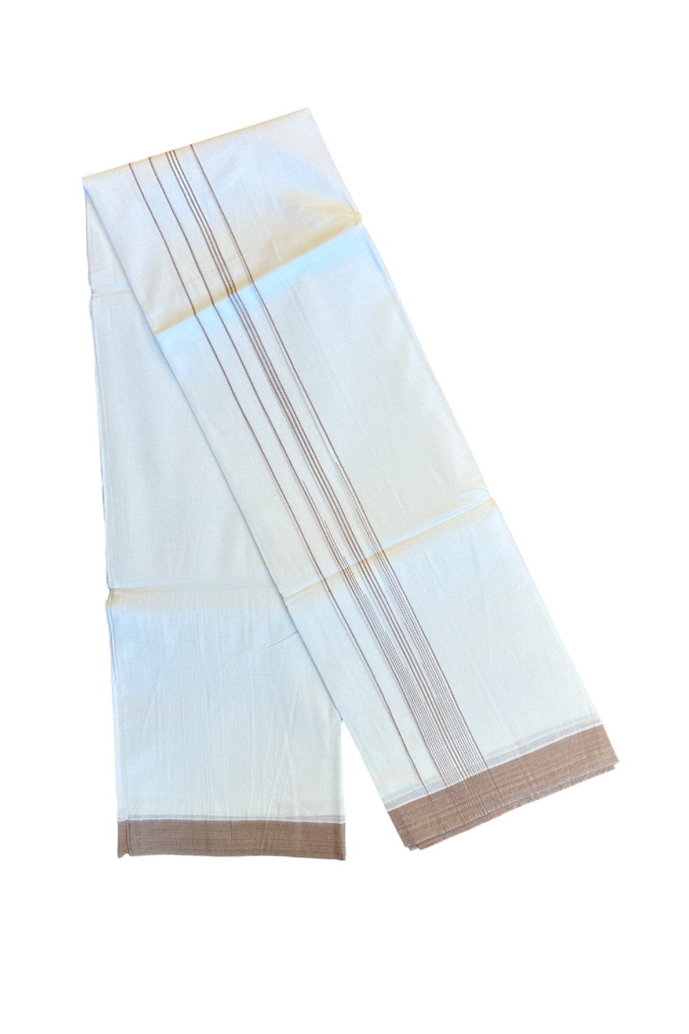 22% DISCOUNT!! Kaitharikada Balaramapuram 100% Cotton Ultra WHITE Double Mundu/Dothi-100x100  2.25 Inch LIGHT BROWN Striped Cotton Kara 3.80m- 10KK74RAM