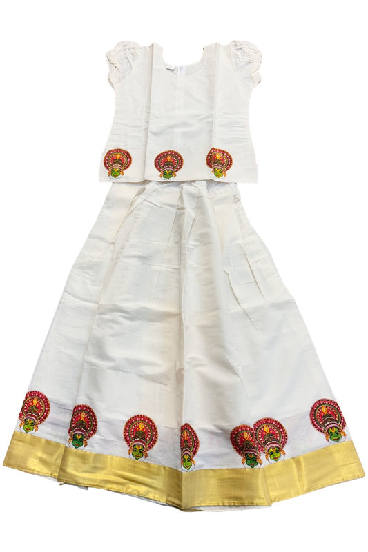 Midukki-Traditional South Indian Kids Pattu Pavada- offwhite top with kadhakali print offwhite skirt with kasavu kadhakali print - Age 12 - KK12MID0010