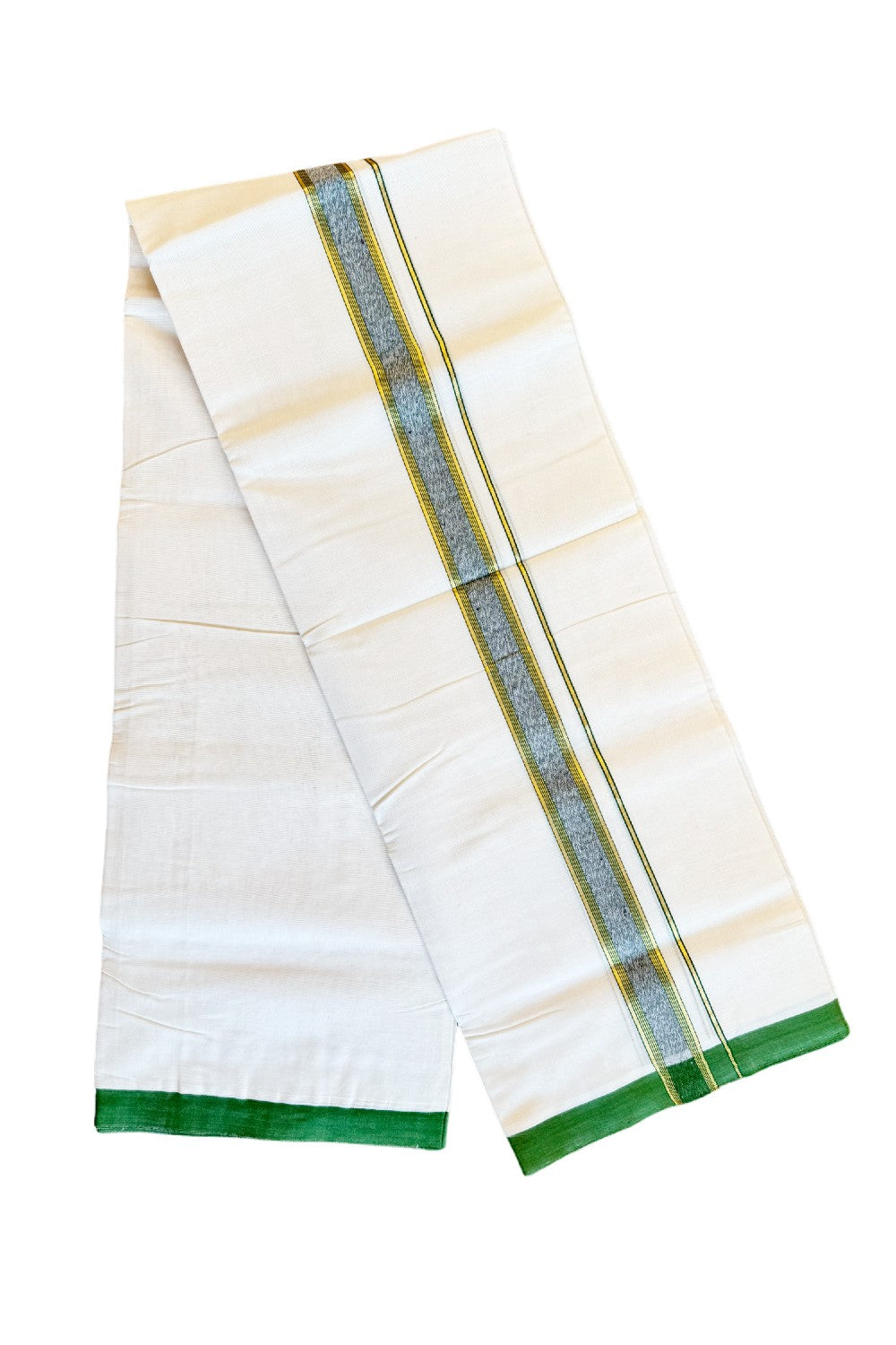 15% DISCOUNT!! KaithariKada HANDLOOM Unakkupaavu Balaramapuram - 100% PURE Cotton OFF White (Unbleached) Double Mundu/Dothi -  GREEN  Kasavu Striped & GRAY Shaded 1 inch Kara-KK46SOM-10.