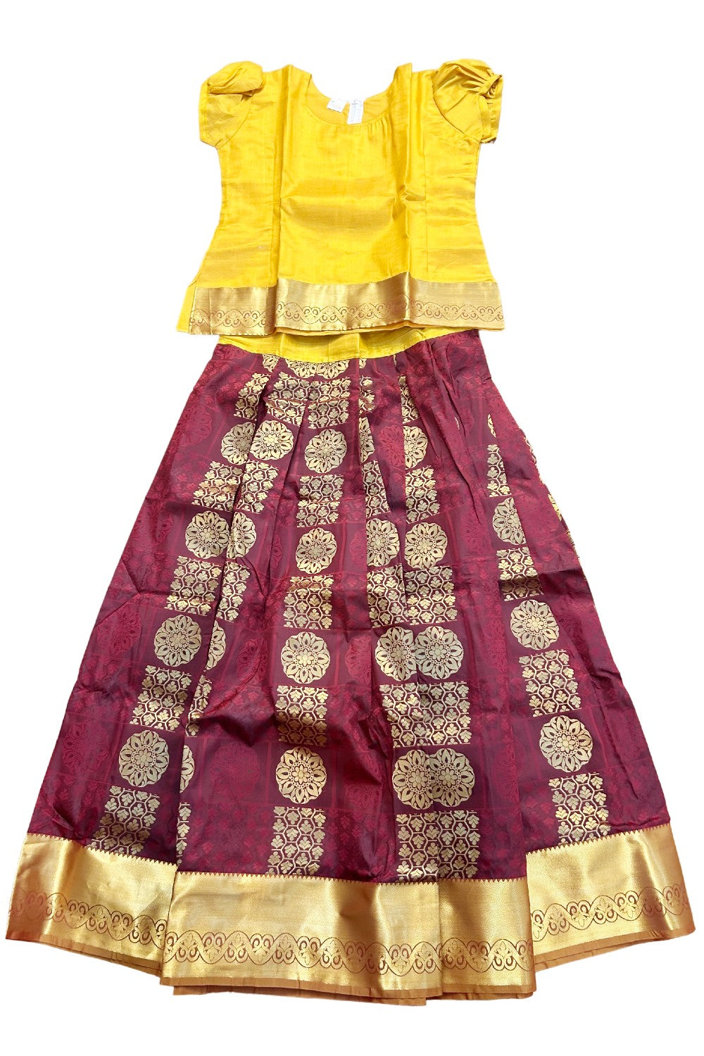 Midukki-Traditional South Indian Kids Pattu Pavada- Yellow tissue top dark maroon skirt with emboss work- Age 15&16 - KK15&16MID0010