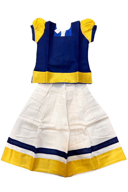 Midukki-Traditional South Indian Kids Pattu Pavada- Navy blue top with emboss work offwhite skirt with kasavu - Age 7 - KK7MID0010