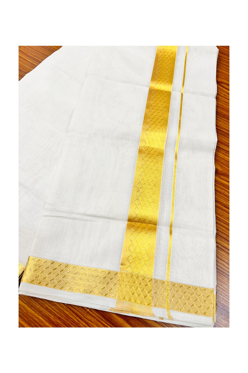 18 % DISCOUNT ! KaithariKada HANDLOOM Unakkupaav Balaramapuram - 100% PURE Cotton Off White Double Mundu/Dhoti - KASAVU CHECK DESIGN 2.5 inch KARA- ABH10