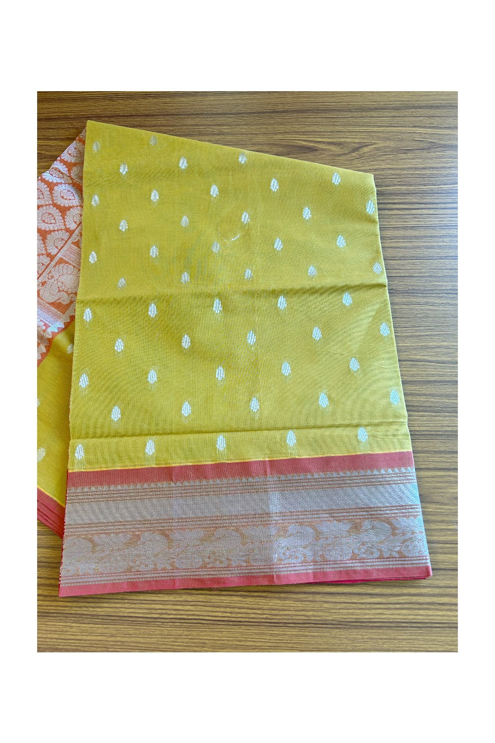 KaithariKada- Balaramapuram Saree - 100% PURE Cotton Silk - Mustard Yellow & Chillly Red. Design -10KK1005PAN.