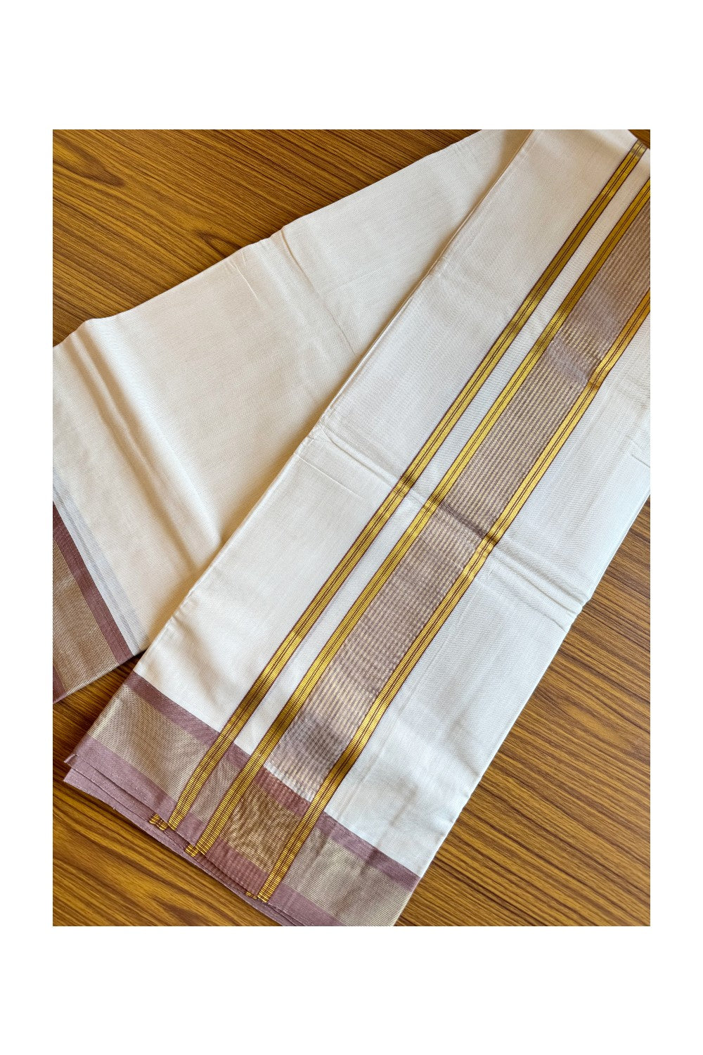 25% DISCOUNT!! KaithariKada HANDLOOM millpaav Balaramapuram - 100% PURE Cotton OFF White (Unbleached) Double Mundu/Dothi - 3.5 inch Brown & Kasavu striped kara - 10KK206VIN