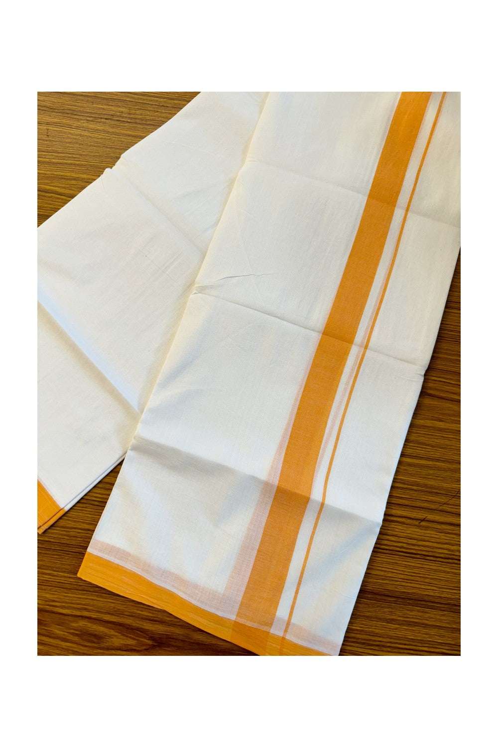 23% Discount! KaithariKada Balaramapuram Handloom 100% Millpaav Cotton Double Mundu/Dhoti Pure white - 100x100 Orange Mulloth Border 3.70m - 10KK404RAM