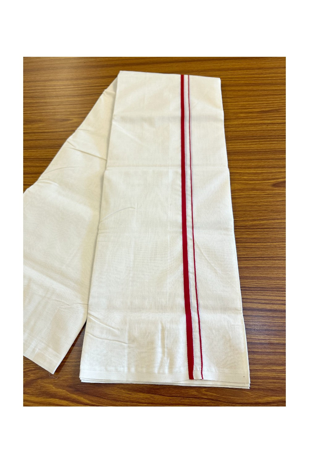 18% DISCOUNT ! KaithariKada Balaramapuram 100% Cotton Double Off white Mundu/Dhoti-100X100- 2. cm Brick Red Kara.- 10KK417ASH