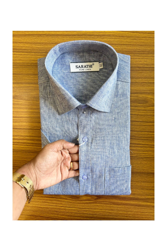 NEW !! Kaitharikada- 100% Pure  Linen Blue  Sarathi HALF Sleeve Shirt.- 10KK444SAR.