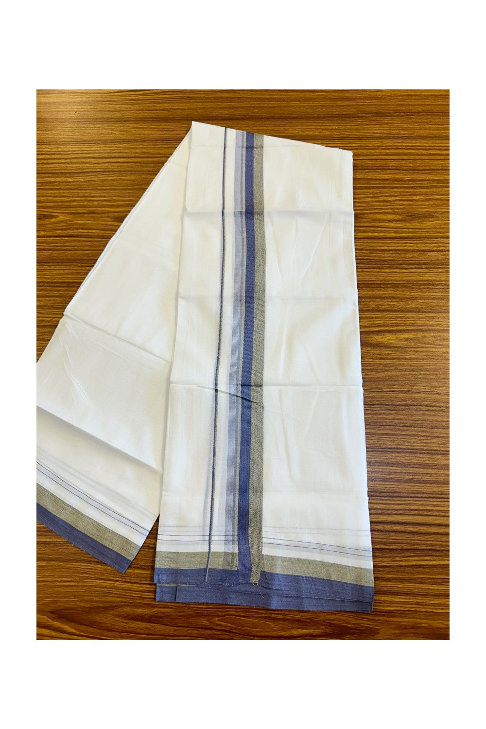 26% DISCOUNT!!! KaithariKada Balaramapuram 100% Cotton PURE white Double Mundu/Dhoti-100x90   2.25 Inch Blue + Yellow shaded stripes kara  - 10KK448VIN