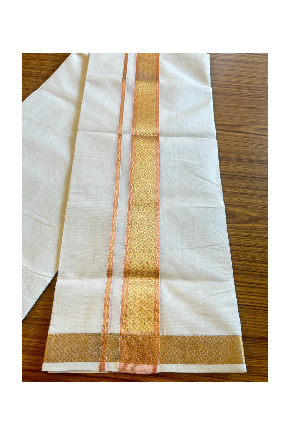 20% DISCOUNT!! KaithariKada HANDLOOM UNAKKUPAAV Balaramapuram - 100% PURE Cotton OFF White Double Mundu/Dothi - 3 Inch Kasavu & Copper designer Kara - 10KK456KK