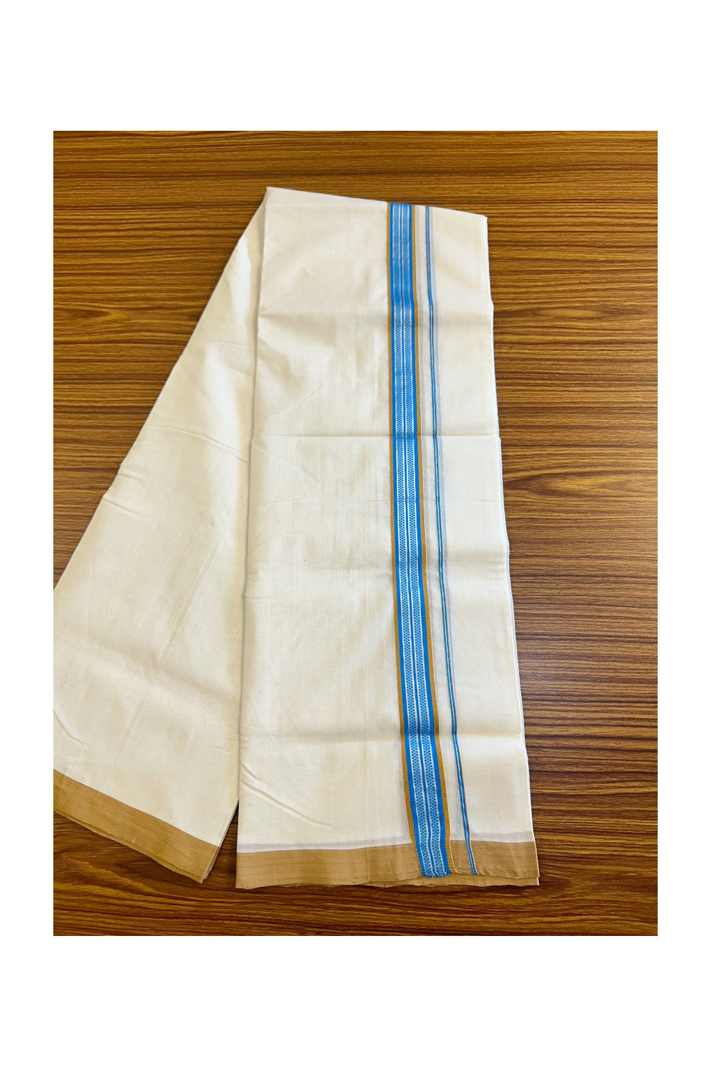 15% DISCOUNT!! KaithariKada HANDLOOM UNAKKUPAAV Balaramapuram - 100% PURE Cotton OFF White (Unbleached) Double Mundu/Dothi - Silver kasavu Pattern Sky blue & Light brown kara 3.75m (8.30 Muzham) - 10KK458SOM