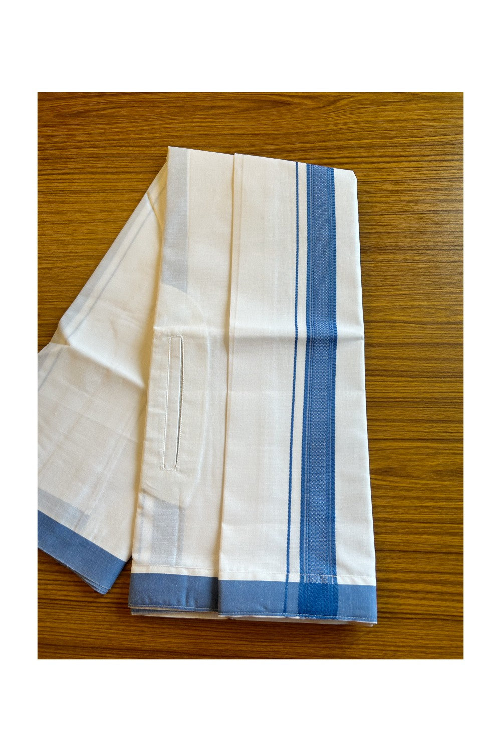 KaithariKada Balaramapuram COTTON SINGLE PURE WHITE VELCRO Mundu/Dhoti  - 1.5inch Blue kara - 10KK485SRI