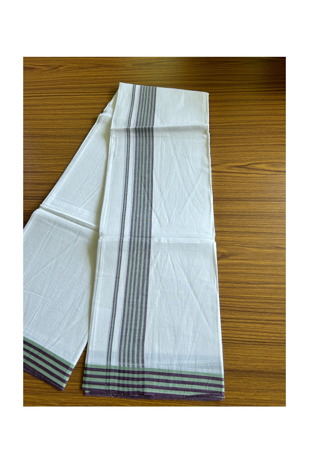 29% DISCOUNT! KaithariKada Balaramapuram 100% Cotton Ultra WHITE Double Mundu/Dhoti-100x100 2.25 inch Light Green & Brown Stripes Cotton kara 3.70m- 10KK493RAM