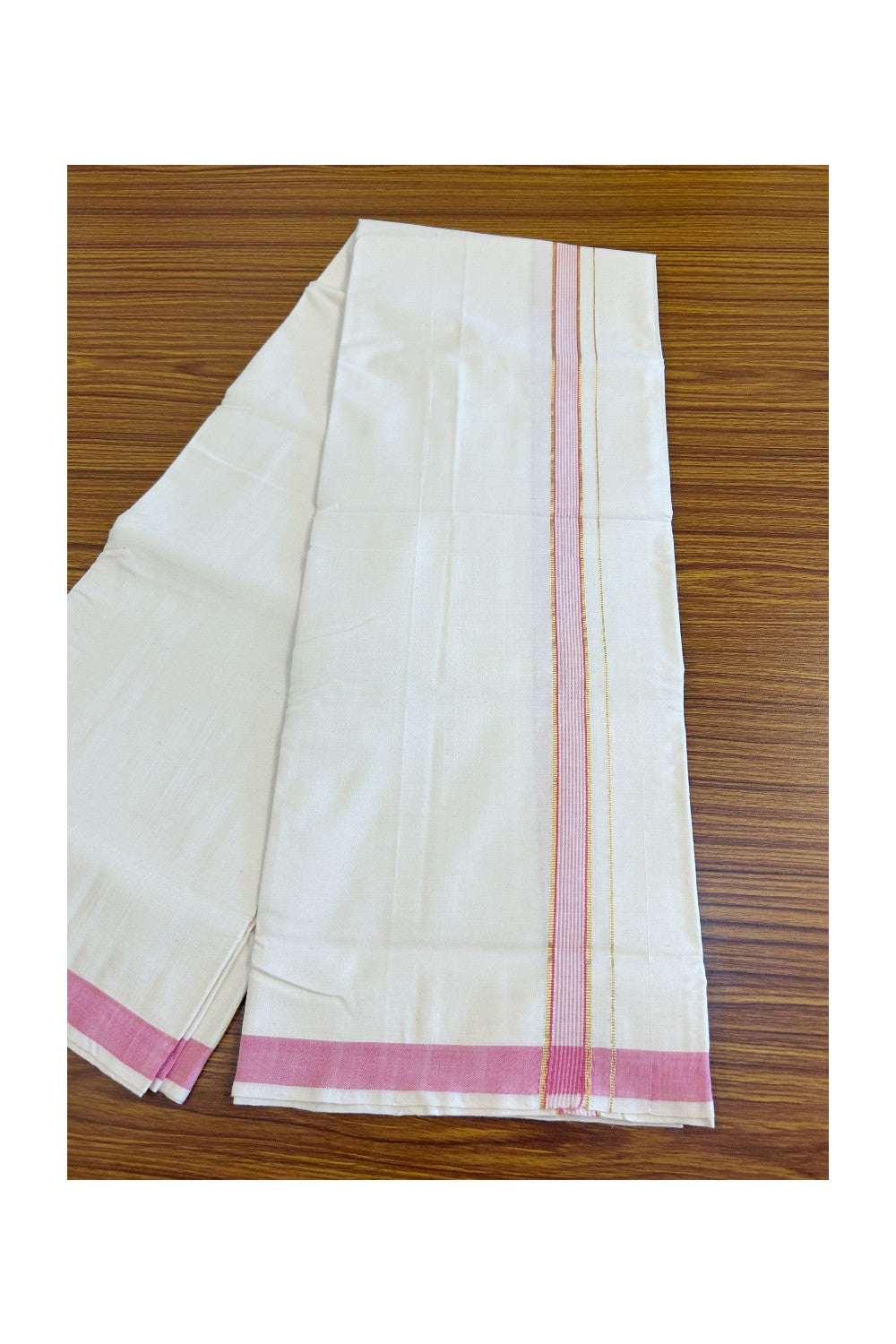 32% Discount KaithariKada 100% Cotton Balaramapuram HANDLOOM Single Mundu/Dhoti - Off White (Unbleached)1.45 inch Kasavu & Pink striped Kara  - 10KK499KK