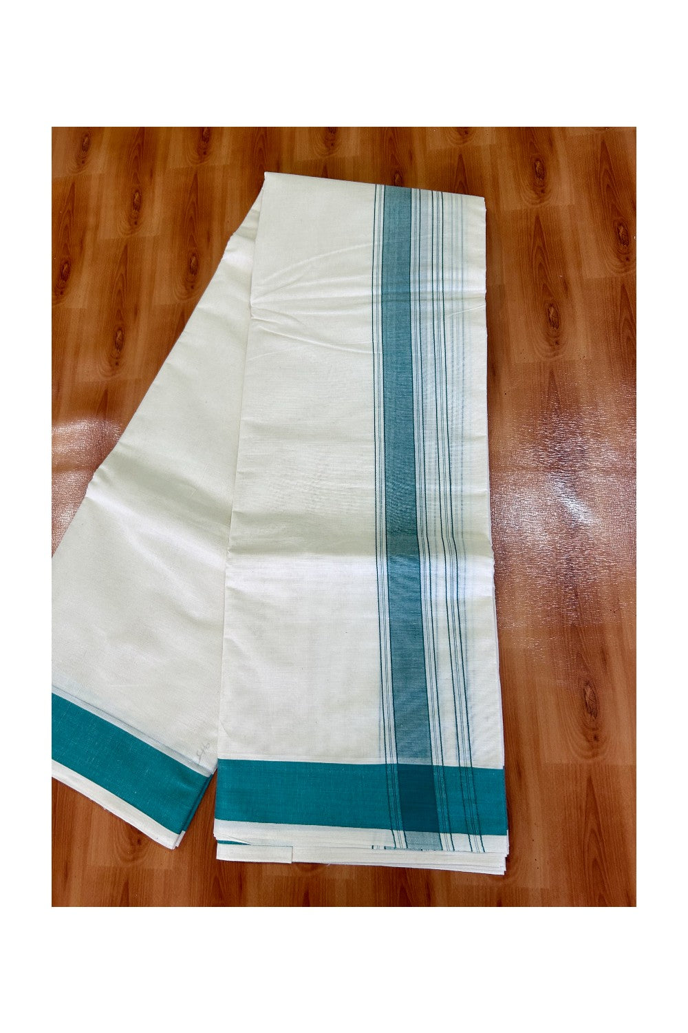 36% Discount KaithariKada 100% Cotton Off White - (Unbleached) - Pure Cotton - 100x100 thread - NORTH INDIAN- ATTACHED GAMCHA 9X5 Dhoti Light Peacock Green STRIPED 2.65 inch  kara - 10KK5004PMC