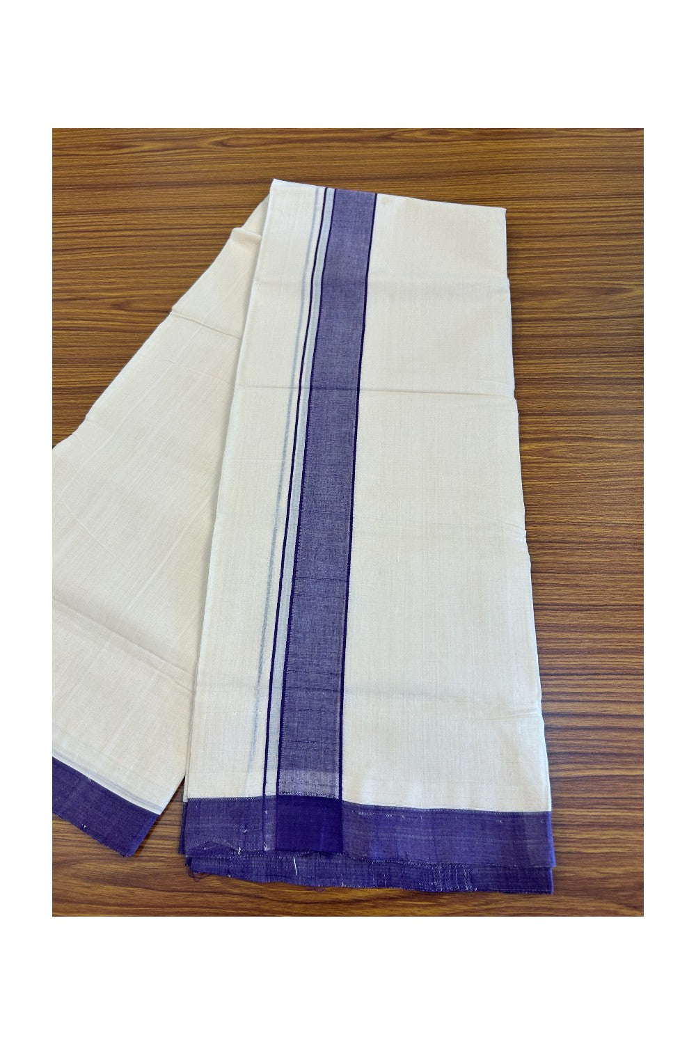 KaithariKada Balaramapuram 100% Cotton Double Off white Mundu/Dhoti-100x100 2.25  inch Violet Kara - 10KK500KK