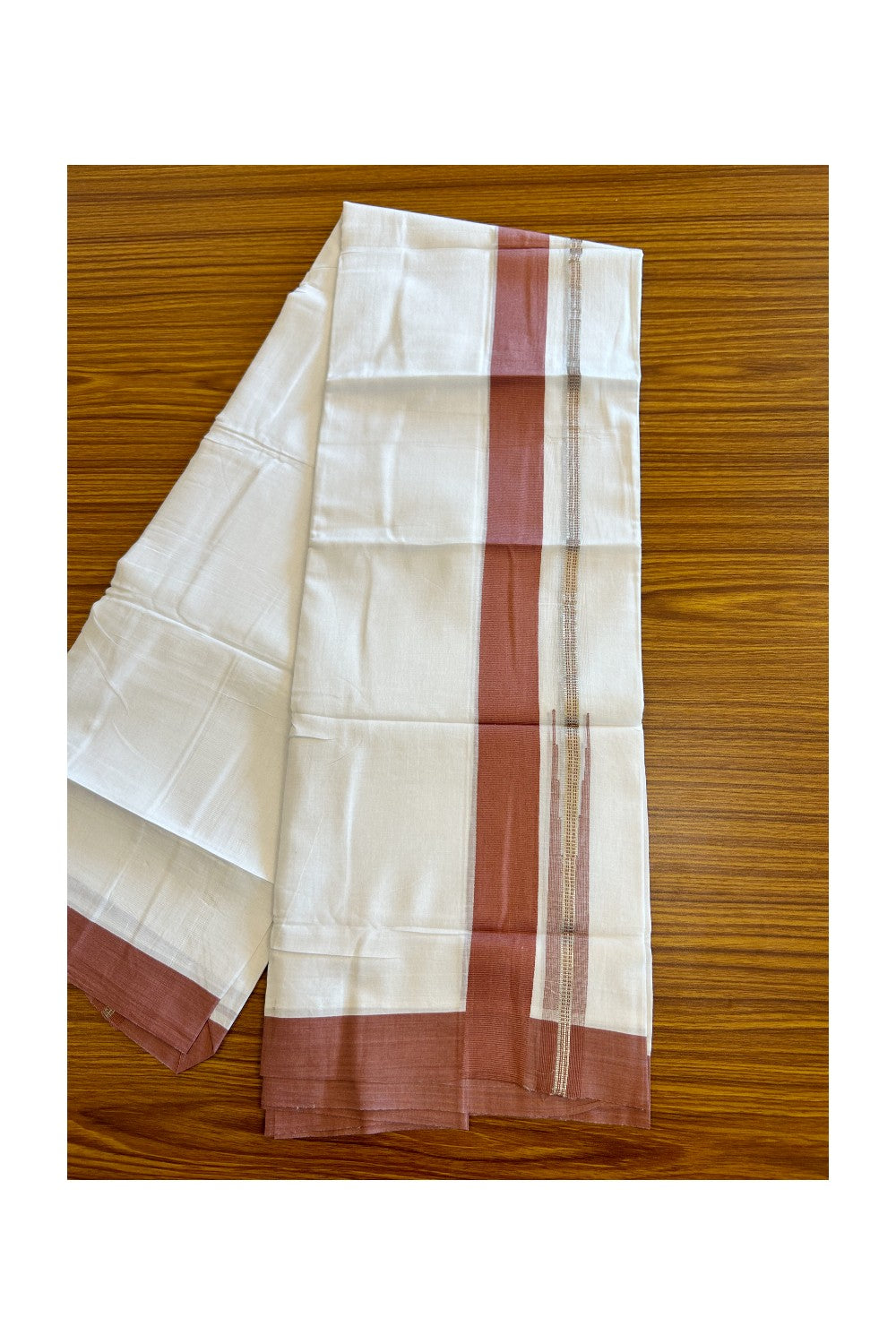 Kaitharikada  Balaramapuram 100% Pure Cotton PURE WHITE Double Mundu/Dothi - 80x92 - 1.5 Inch Brick Red & Silver Chutty kara - 10KK5022VAN