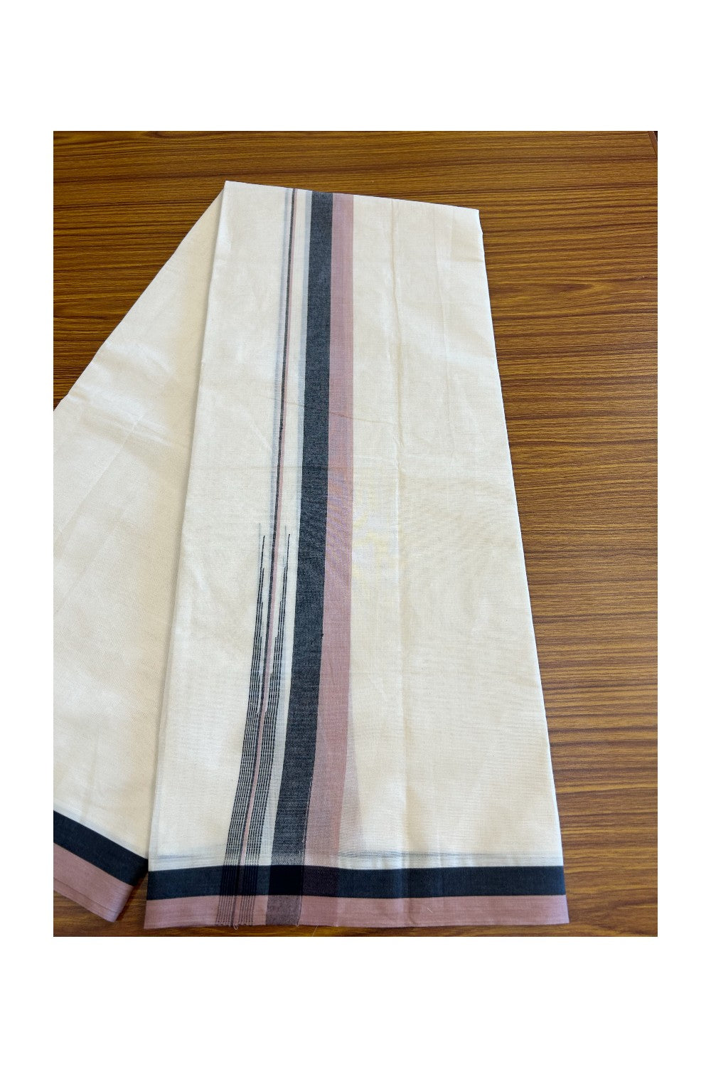 5% Discount!!! KaithariKada Balaramapuram  Double Off white - (Unbleached) Mundu/Dhoti - 80X90 - 1.75 inch Black & Dusty Rose shaded puliyilakkara striped chutty - 10KK5037KAI