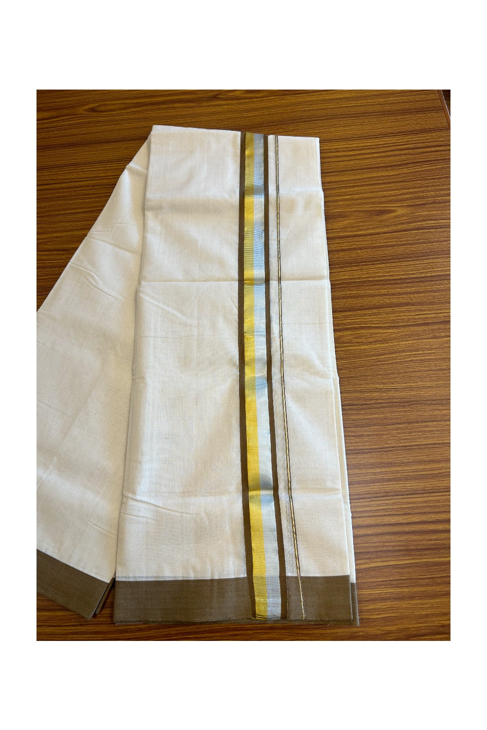 21% Discount KaithariKada HANDLOOM Unakkupaav Balaramapuram - 100% PURE Cotton Double Mundu/Dhoti -  2.25 inch Silver & Gold Kasavu with brown Kara-164