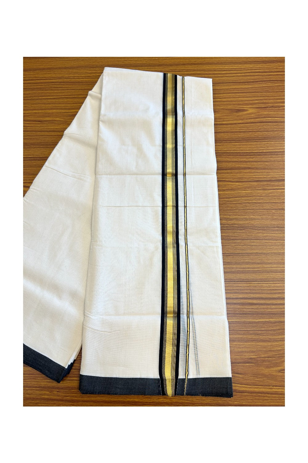 21% Discount KaithariKada HANDLOOM Unakkupaav Balaramapuram - 100% PURE Cotton Off White Double Mundu/Dhoti - 1.75 inch  Kasavu & Black 3 design Kara-215