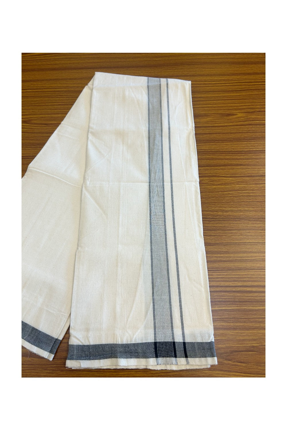 32% Discount KaithariKada 100% Cotton Balaramapuram HANDLOOM Single Mundu/Dhoti - Off White (Unbleached) 2inch Black Kara Stripes-319