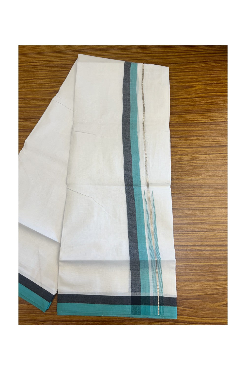 19% Discount!!! KaithariKada Balaramapuram  PURE WHITE Double Mundu/Dhoti - 80X90 - 2.25 inch Silver kasavu Black & Turquoise green  puliyilakkara striped chutty kara 3.85 meters - 10KK5058GUN