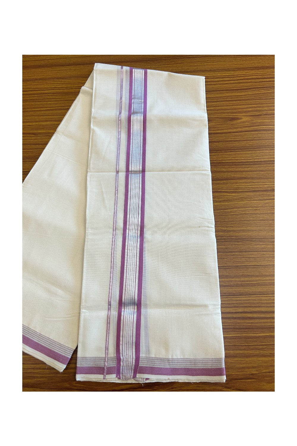 10% DISCOUNT! KaithariKada Balaramapuram Handloom 100% Cotton Double Off white (Unbleached) Mundu/Dhoti-100X100- 2.5  inch Silver Kasavu & Violet  Kara.-4.