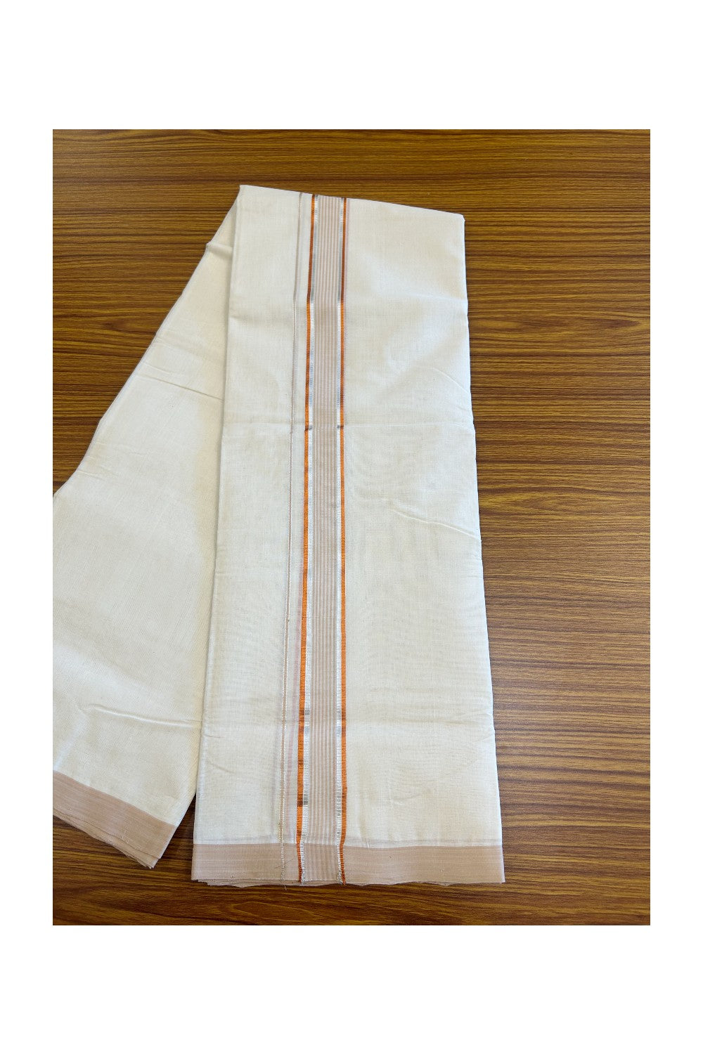 24% DISCOUNT!! KaithariKada HANDLOOM Millpaav Balaramapuram - 100% PURE Cotton OFF White - (Unbleached)  Double Mundu/Dothi - Silver & Copper Kasavu with White & Cream Stripes - 3KK56RAM