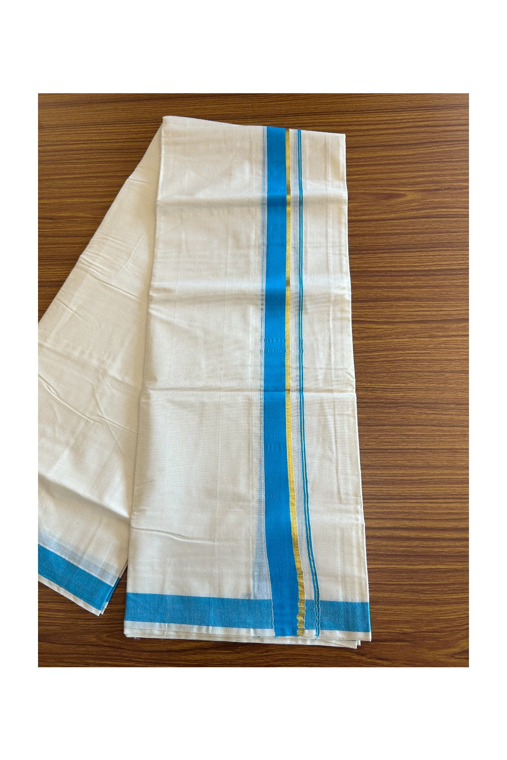 10% Discount! KaithariKada Balaramapuram 100% Cotton Off White - (Unbleached) Double Mundu/Dhoti-80x72 SKY BLUE & KASAVU - 10KK57VIN