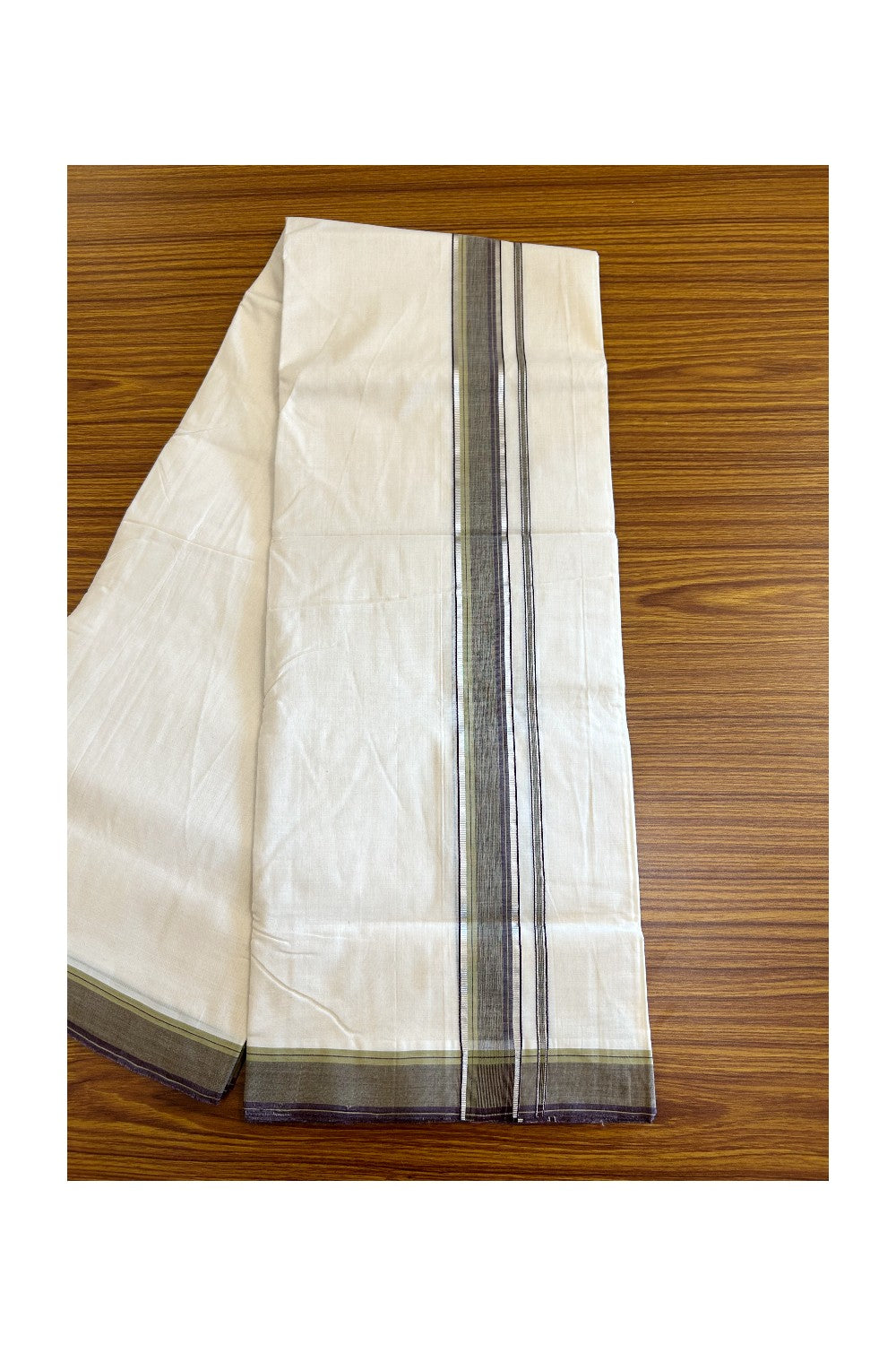 21% DISCOUNT!! KaithariKada HANDLOOM Unakkupaav Balaramapuram - 100% PURE Cotton OFF White (Unbleached) Double Mundu/Dothi - 2.25 inch Violet Green & Silver striped pattern kara - 50KK403RAM