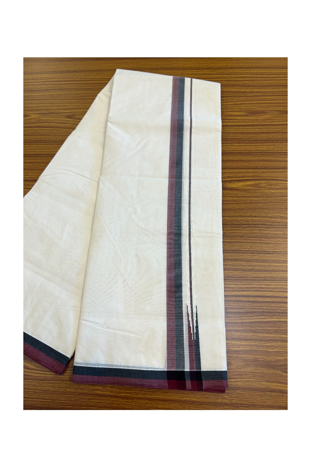 DMK Veshti - 21% Discount !! KaithariKada Balaramapuram Double Off white - (Unbleached) Mundu/Dhoti - 100X100 - 1.15 inch Puliyilakkara Maroon & Black  Chutty Kara - 10KK5074ASH