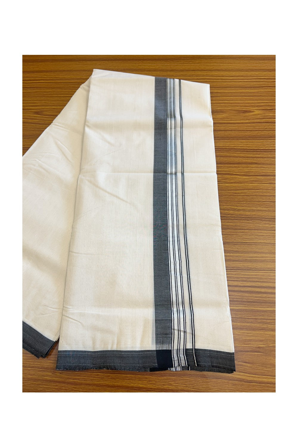 19% Discount !! KaithariKada HANDLOOM millpaav Balaramapuram - 100% PURE Cotton OFF White Double - (Unbleached)  Mundu/Dothi - 2.25  inch Silver kasavu stripes & Black shaded kara 4.5 Meters (10 Muzham) - 10KK5081RAM