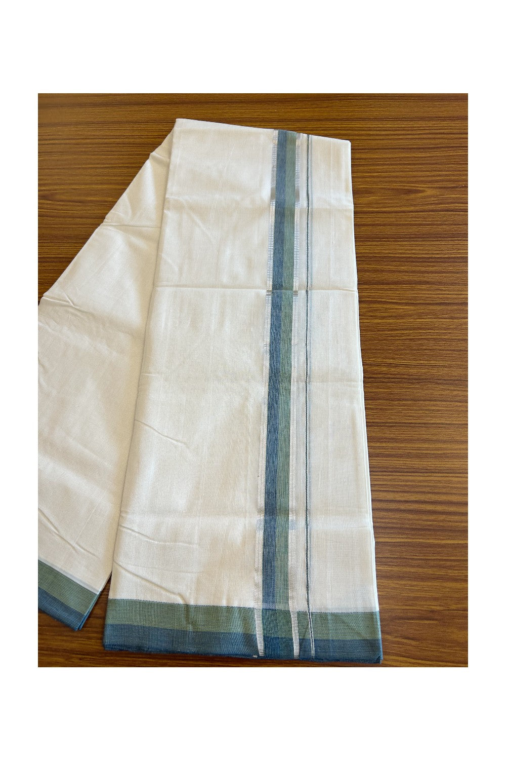 19% Discount !! KaithariKada HANDLOOM UNAKKUPAAV Balaramapuram - 100% PURE Cotton off white - (Unbleached) Double Mundu/Dhoti - 2 inch Silver kasavu Light Green & Peacock Blue Shaded kara - 10KK5082RAM